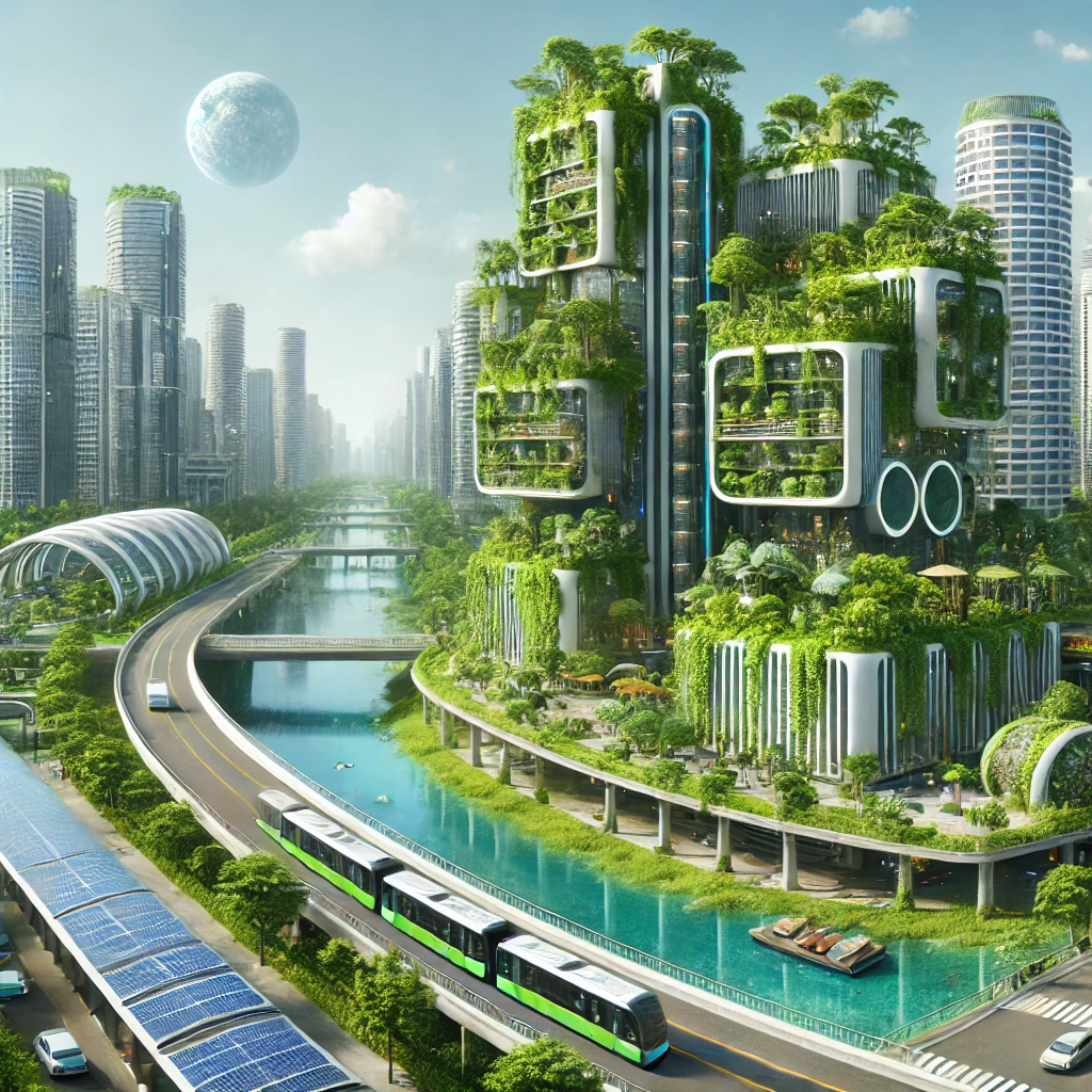 초록 식물로 뒤덮인 고층 건물과 친환경 교통 인프라가 조화를 이루는 미래형 지속 가능한 도시의 모습입니다.