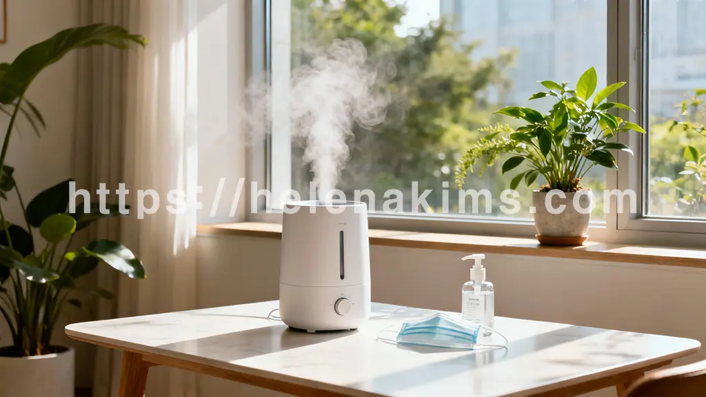 햇살이 비치는 아늑하고 정돈된 실내 공간. 가습기에서 김이 은은하게 뿜어져 나오고, 창가에는 신선한 식물 화분이 놓여 있으며, 테이블 위에는 마스크와 손 소독제가 깔끔하게 정렬. 청결하고 관리된 생활 공간 이미지.