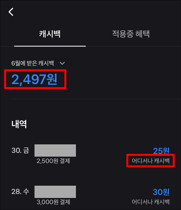 토스뱅크 체크카드로 6월 한 달간 제공받은 캐시백을 설명한 이미지, 지급된 캐시백은 총 2,497원이다.