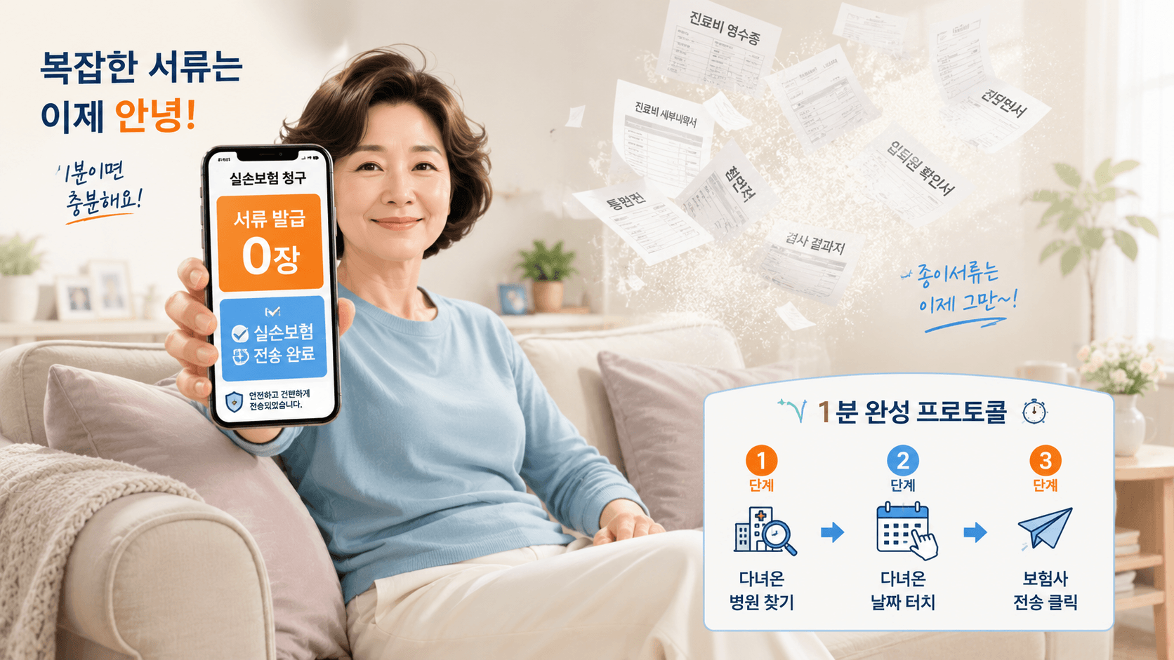 스마트폰 속에 '1단계: 다녀온 병원 찾기', '2단계: 다녀온 날짜 터치', '3단계: 보험사 전송 클릭'이라는 1분 완성 프로토콜이미지