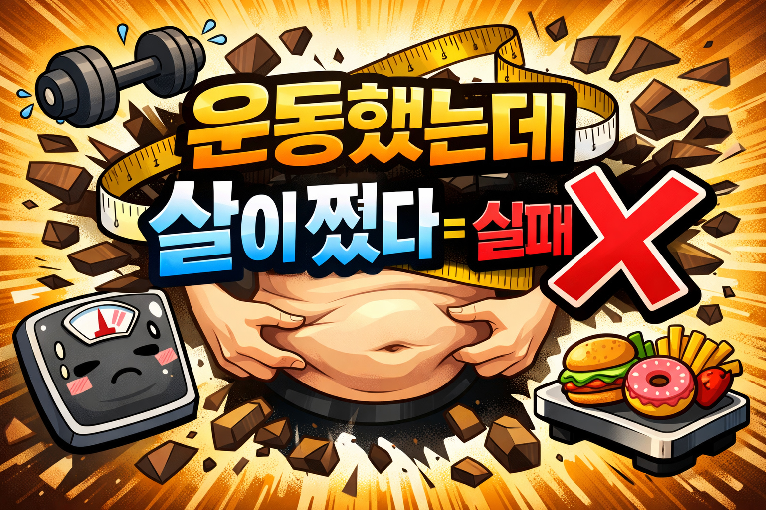 운동했는데 살이 쪘다고 느끼는 상황을 표현한 이미지, 헬스 초반 체중 증가와 다이어트 오해 설명