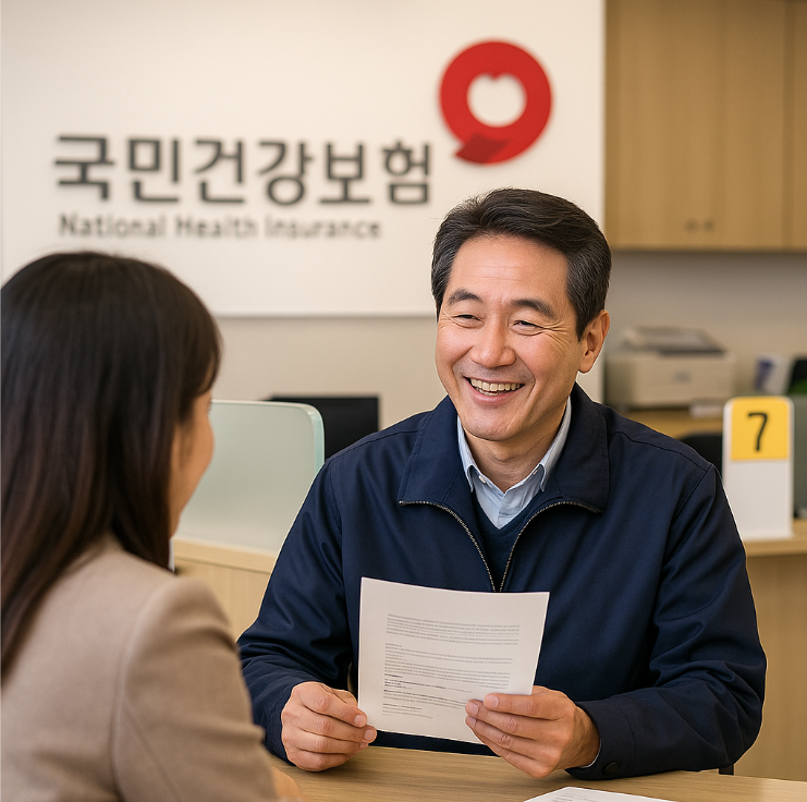 서류를 들고 국민건강보험공단 민원창구를 방문한 중장년 남성의 모습
