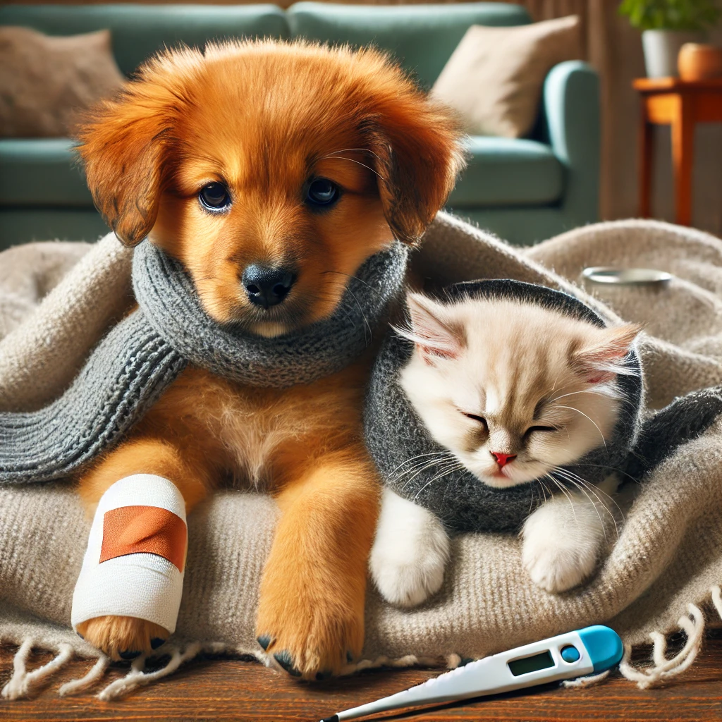 감기걸린 강아지와 고양이사진