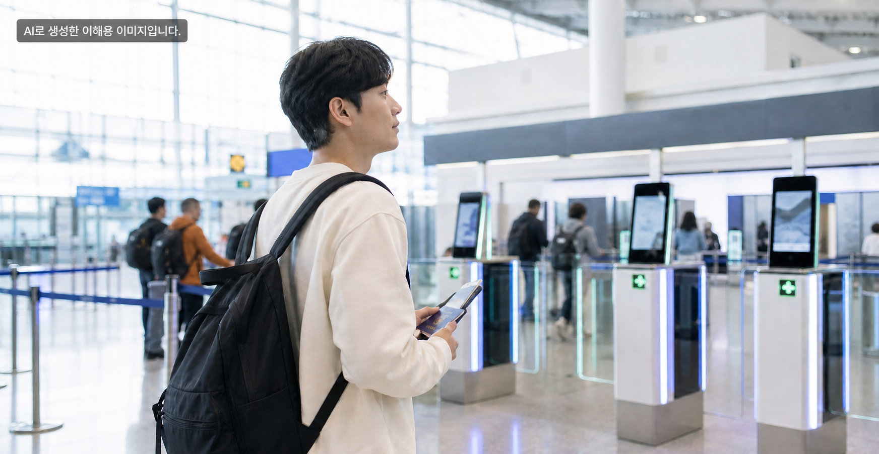 여권과 스마트폰을 소지하고 공항 출국 게이트로 향하는 여행자