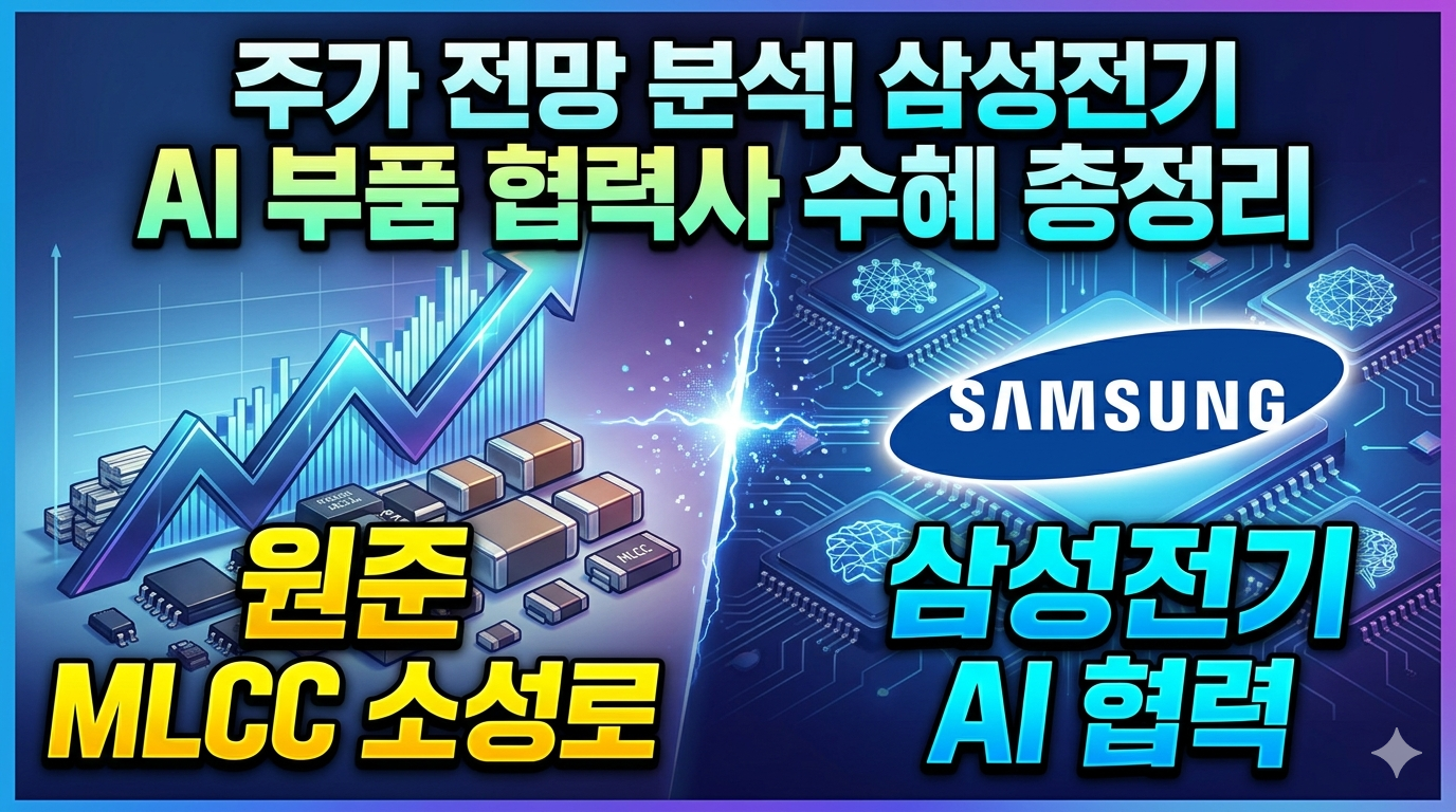 원준 주가 상승 차트와 삼성전기 로고가 결합된 썸네일 이미지