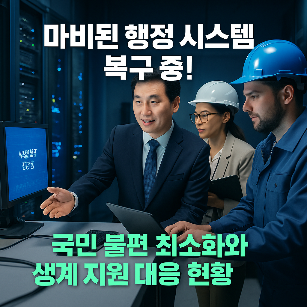 정부 전산센터에서 시스템 복구를 점검 중인 공무원과 기술자들