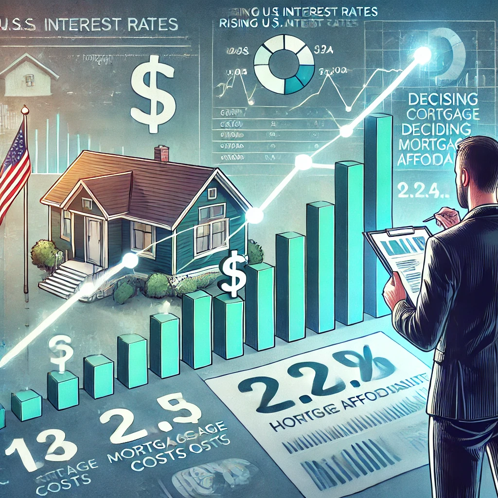 미국 모기지 금리 및 주택 시장 변동을 표현한 그래픽으로, 여러 채의 주택, 상승하는 금융 차트, 데이터를 바라보는 사람이 등장함.