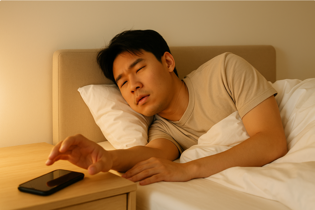 아침에 잠에서 깨어나 눈을 뜨기도 전에 핸드폰으로 손을 내미는 남성의 이미지