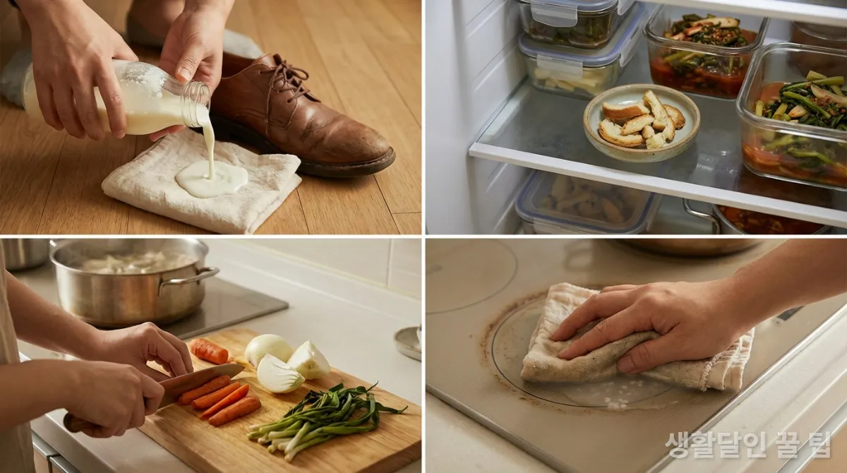 유통기한 지난 우유로 가죽을 닦거나 시든 채소로 육수를 만드는 등 식재료를 재활용하는 한국인의 손길