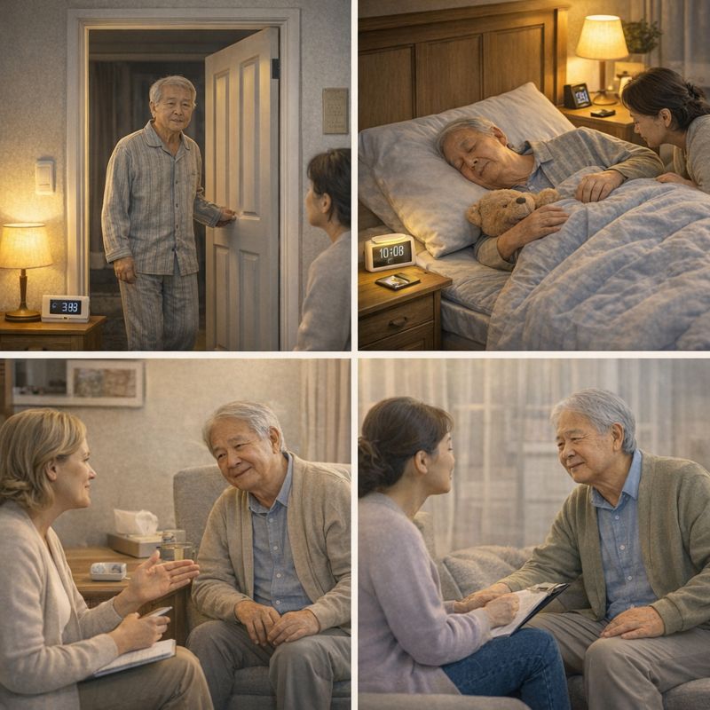 치매 환자의 야간 배회 상황과 수면 관리, 전문가 상담 장면을 함께 보여주는 가정 돌봄 모습
