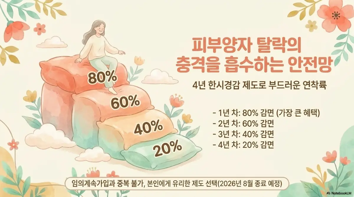 건강보험료 줄이는 방법: 피부양자 탈락 후 4년 한시경감 제도의 감면율을 단계별로 보여주는 일러스트. 쿠션 계단 위에 앉은 사람 이미지와 함께 1년차 80% 2년차 60% 3년차 40% 4년차 20% 감면율이 표시되어 있으며 임의계속가입과 중복 불가하고 2026년 8월 종료 예정이라는 안내가 포함되어 있다.
