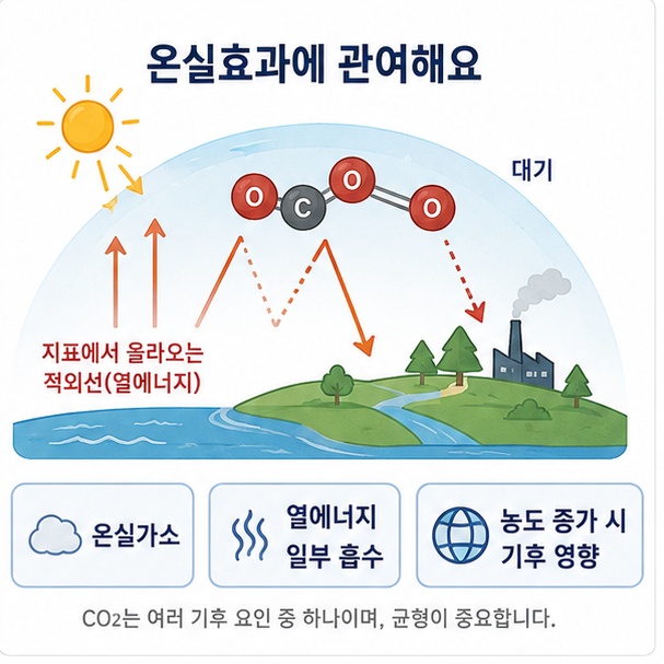 대기 중 이산화탄소가 지표에서 방출되는 열에너지의 일부를 흡수하고 다시 방출해 온실효과에 관여하는 모습을 보여주는 그림