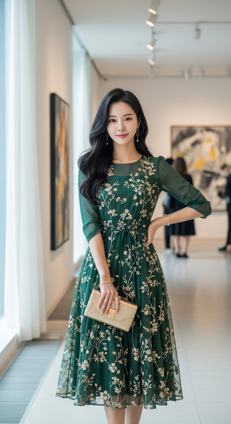 체형 보완을 돕는 A라인 원피스를 입고 우아하게 서 있는 모습.