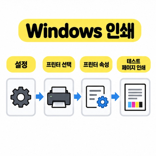 Windows 설정에서 프린터 선택과 속성을 거쳐 테스트 페이지를 인쇄하는 순서