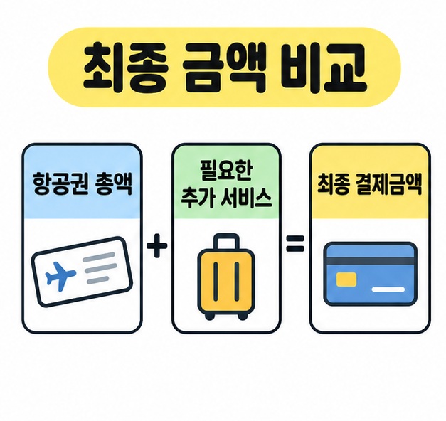 항공권 총액과 필요한 선택 서비스 비용을 합쳐 최종 결제금액을 비교하는 도식