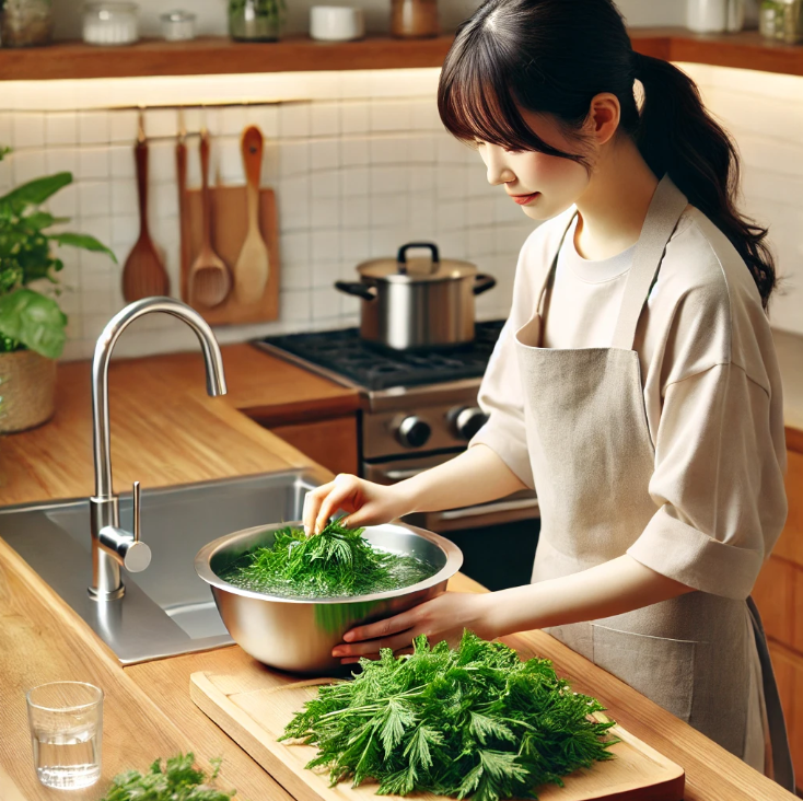 스테인레스 볼에 쑥을 씻는 모습