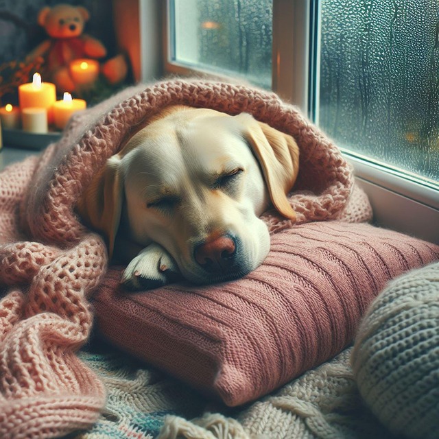 따뜻한 실내와 바깥의 차가운 도차이이가 창문의 서리로 인해 알 수 있다. 따뜻한 이불 속에서 포근하게 자고 있는 강아지 모습
