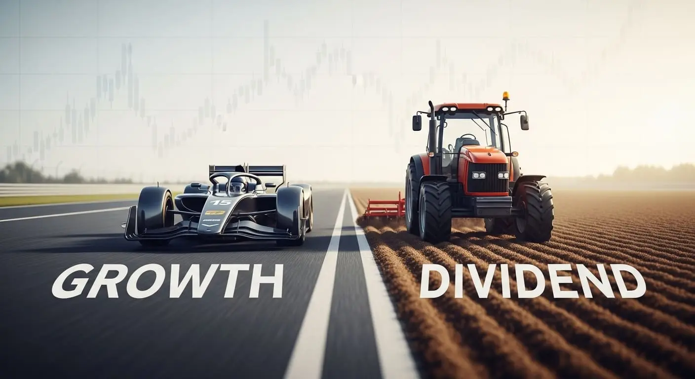 성장주(빠른 레이싱카)와 배당주(안정적인 트랙터)의 특징을 비교하는 시각적인 은유 이미지.
