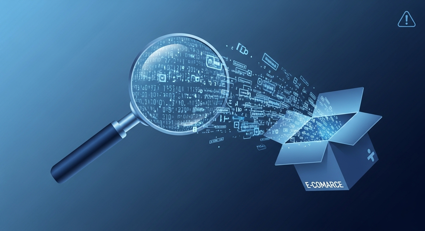 추상적인 디지털 데이터가 작은 이커머스 박스 밖으로 새어 나가는 모습. 정보 유출의 심각성을 경고하며 개인정보 보안의 중요성을 상기시킨다.