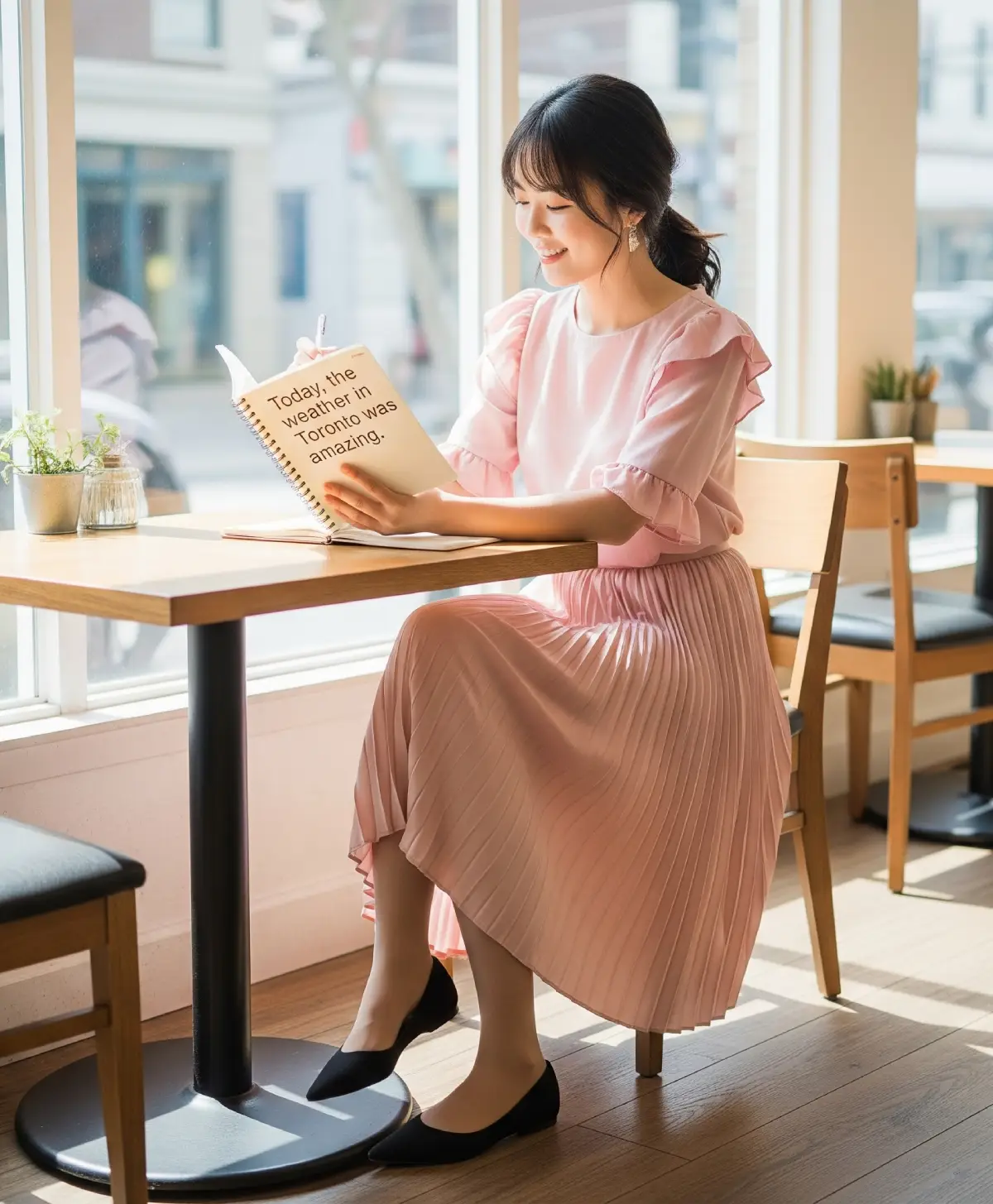 토론토 카페 창가에 앉아 오늘 배운 단어를 활용하여 간단한 영어 일기를 쓰는 여성.