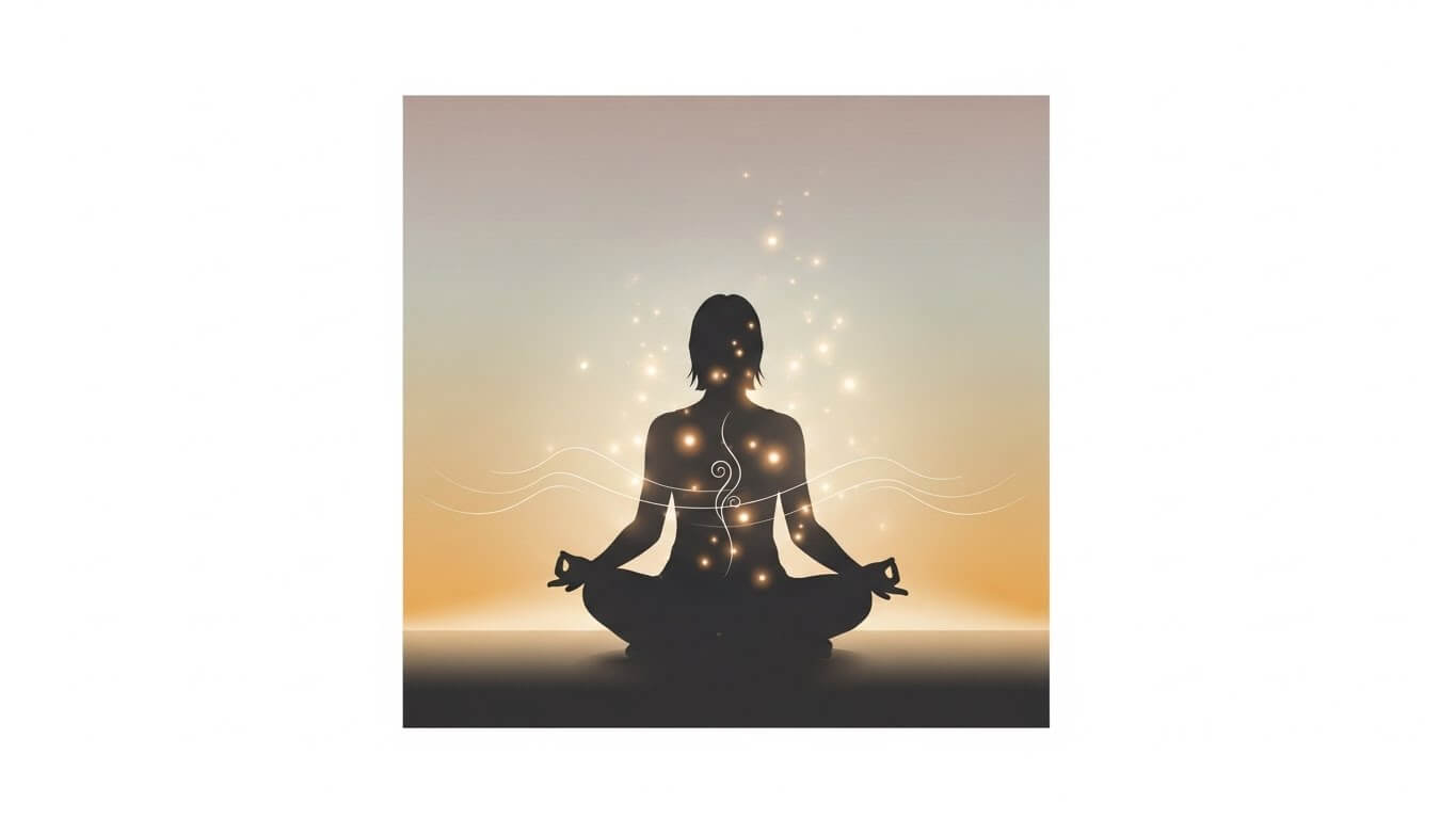 아침빛 속에서 명상 자세를 취한 사람의 실루엣과 몸에서 퍼지는 빛의 에너지가 강조된 힐링 이미지. 마음챙김, 스트레스 완화, 안정감을 상징.