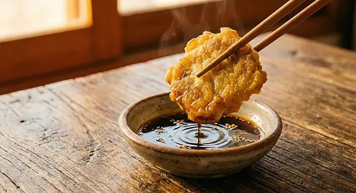 젓가락으로 동태전을 집어 간장 소스에 찍으려는 모습