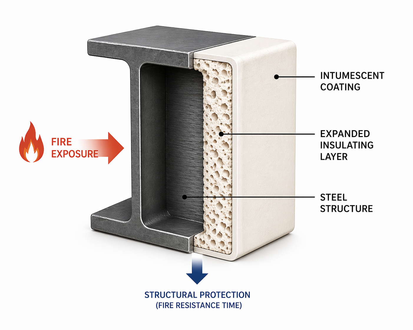 Intumescent coating on steel beam showing fire exposure, expanded insulating layer, and structural protection