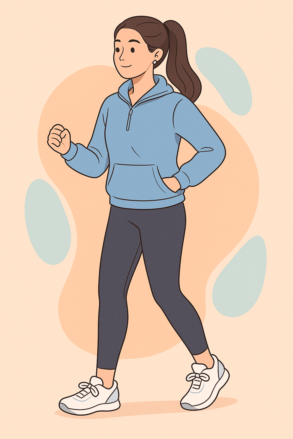 풀오버 집업과 레깅스를 착용하고 걷는 친근한 느낌의 젊은 여성 애슬레저 일러스트