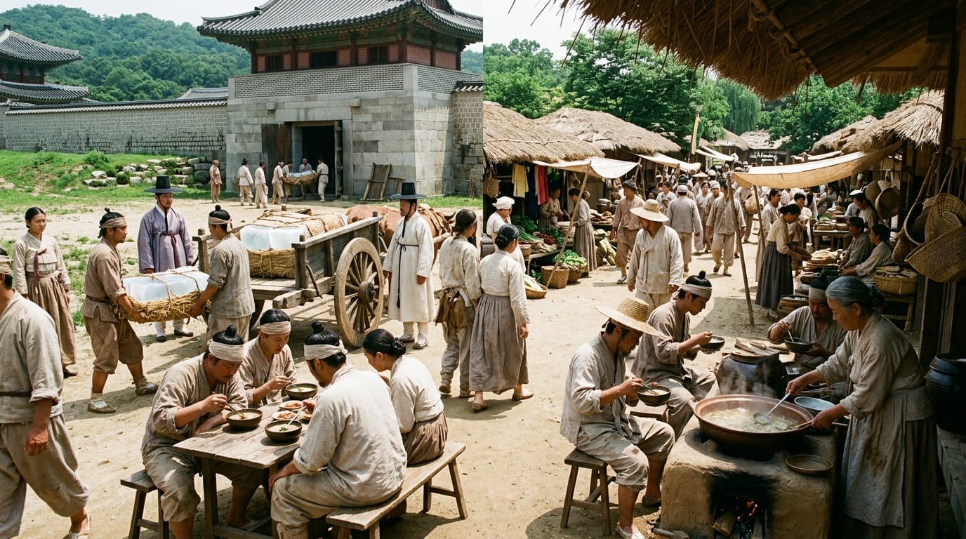 조선의 얼음 문화와 현대 삼계탕 소비를 함께 보여주는 복날 보양식 시장 이미지