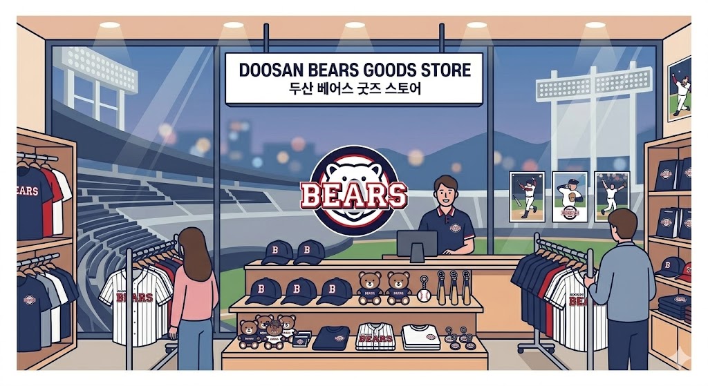 잠실야구장 배경의 두산 베어스 기념품 샵