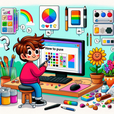 MS 페인트 인터페이스를 탐색하는 아이와 색연필 도구들.