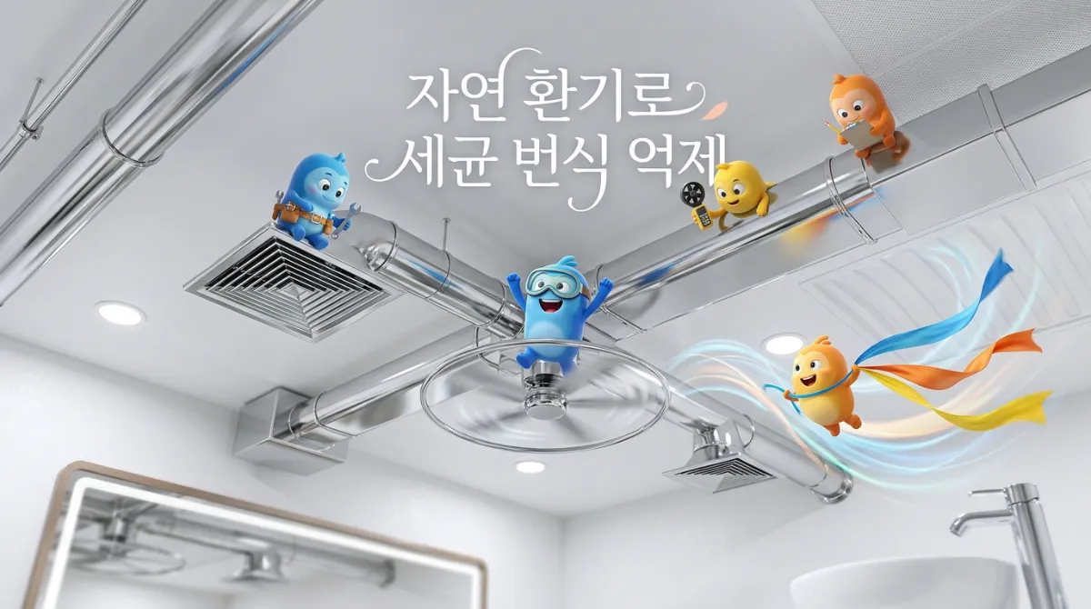 강력한 천장 환기 시스템이 설치된 현대식 공중화장실 내부
