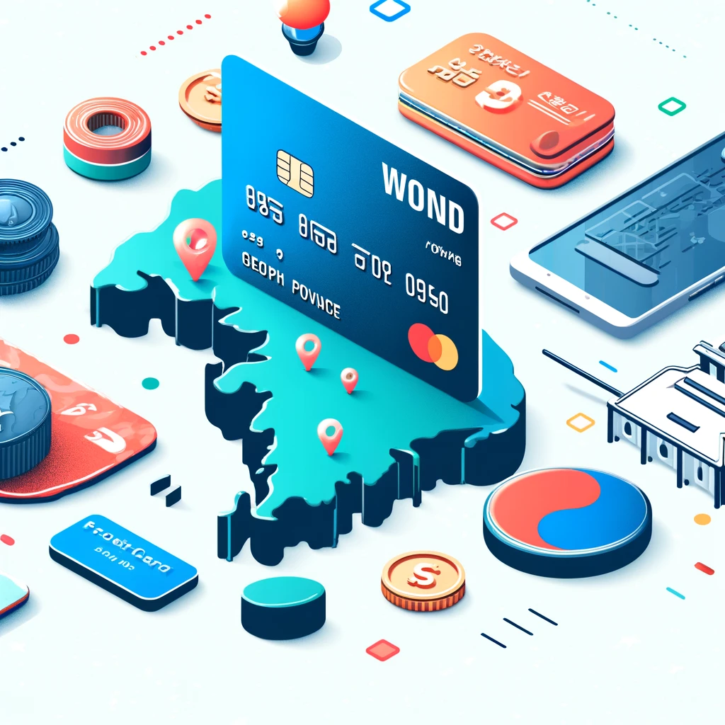 경기투어패스, 경기 지역 지도와 카드, 결제, 현금을 강조한 현대적이고 깔끔한 여행 썸네일 이미지, 여행과 결제 시스템을 나타내는 요소 포함