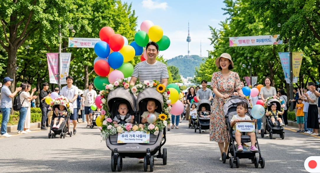 알록달록 장식된 유아차를 밀며 퍼레이드에 참여해 활짝 웃고 있는 가족들