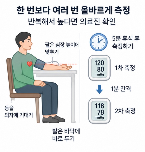 올바른 자세로 혈압을 반복 측정하고 기록하는 방법을 보여주는 이미지