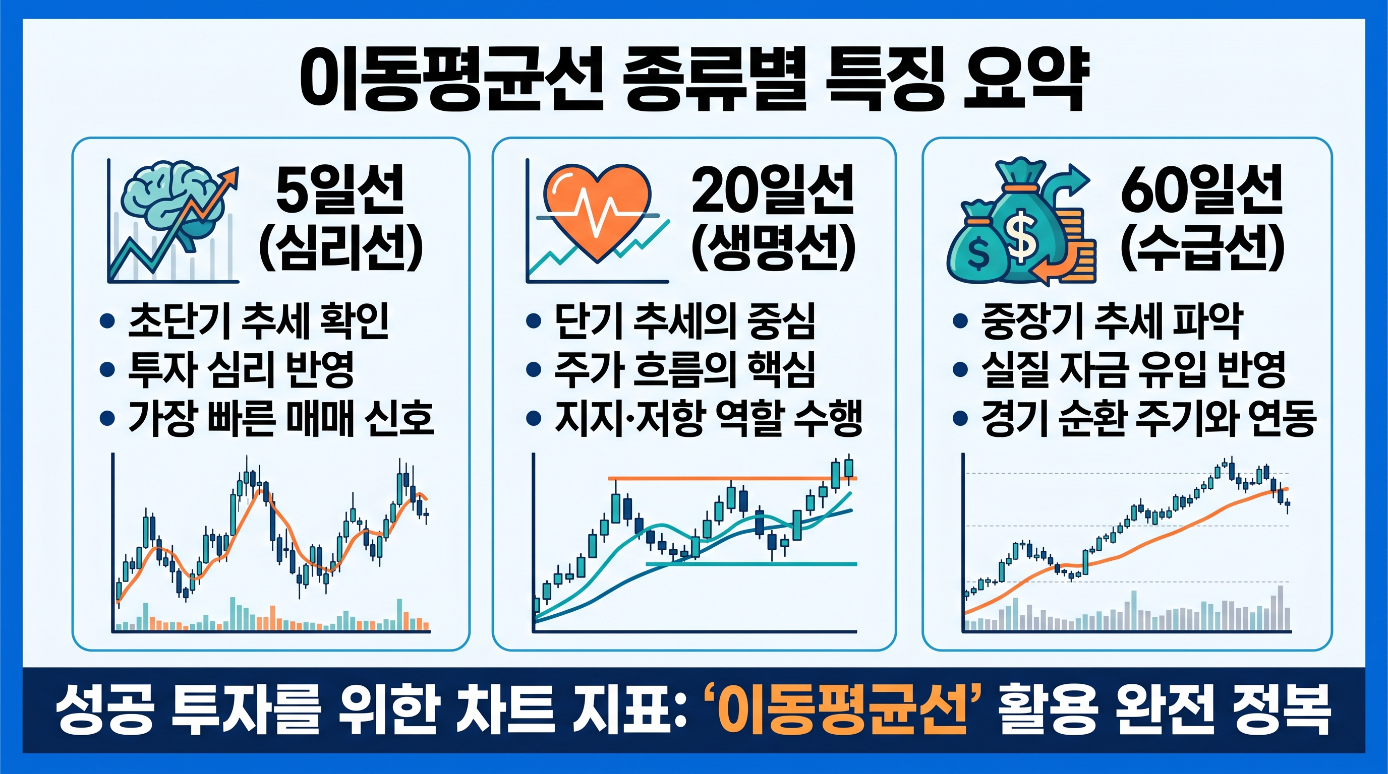 "이동평균선 5일 심리선, 20일 생명선, 60일 수급선의 특징과 차트 활용법을 정리한 인포그래픽"