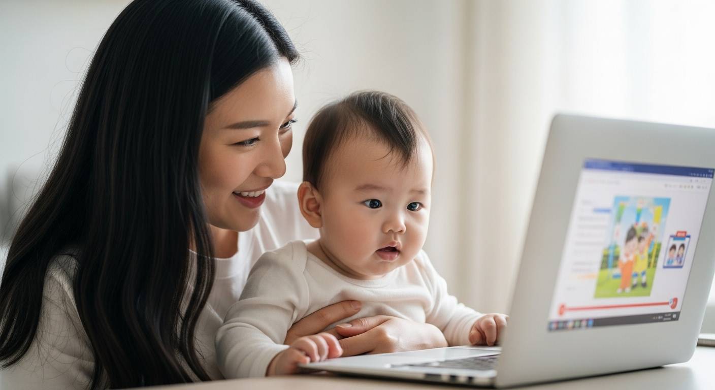 아기를 함께 노트북으로 업무 중인 엄마