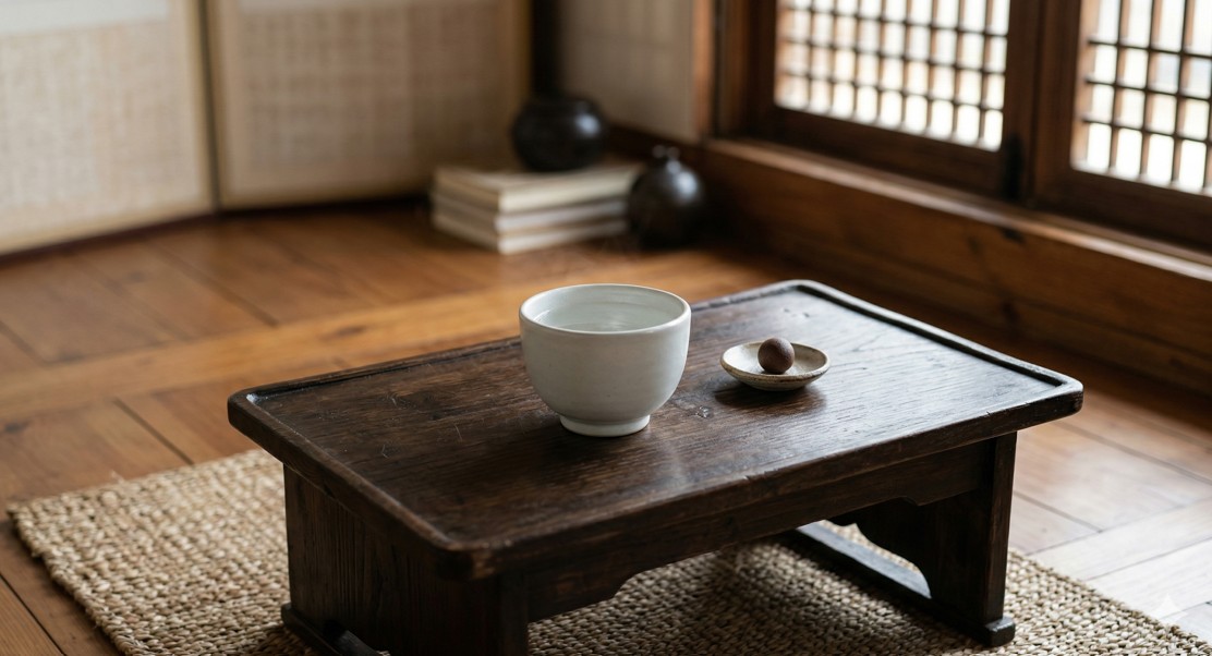 전통 찻상 위에 놓인 미지근한 물 한 잔과 침향환 한 알의 정갈한 모습