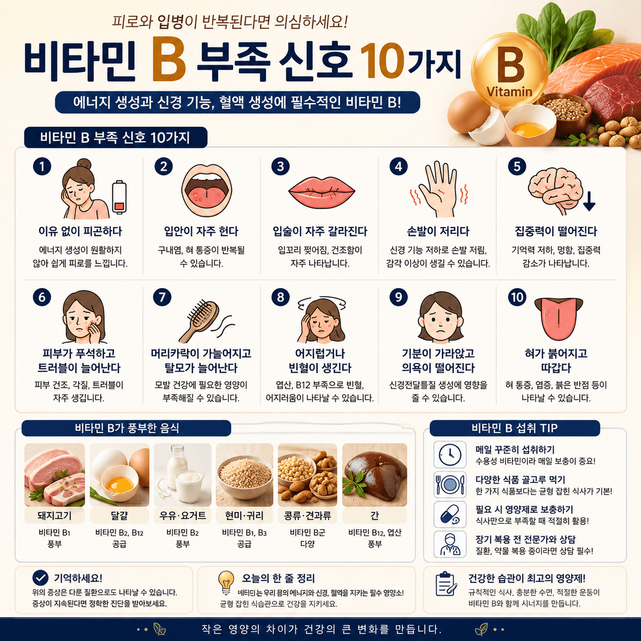비타민 B 부족 시 나타나는 대표 증상과 비타민 B가 풍부한 식품을 간결하게 정리한 인포그래픽