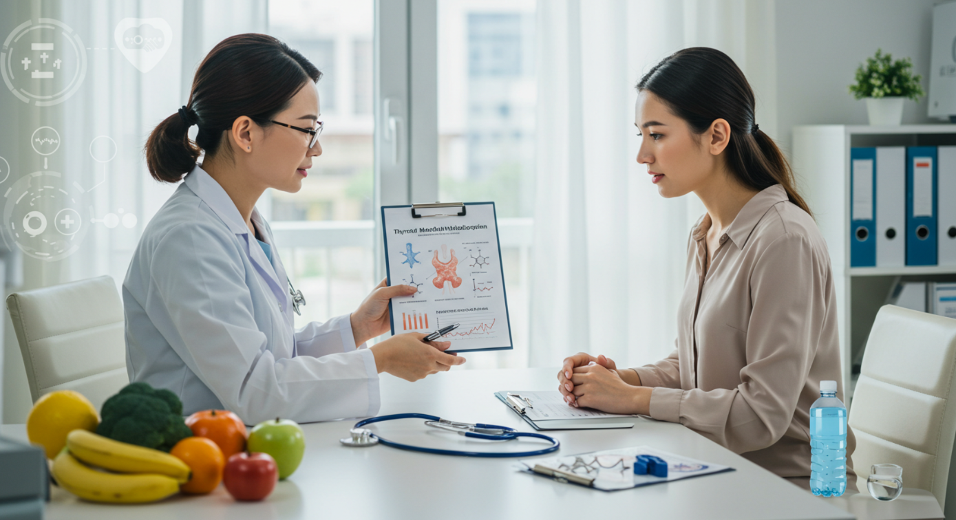 한 여성이 의사와 건강 상담을 받고 있다