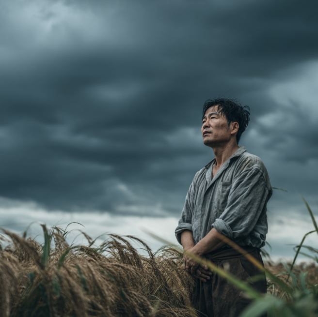 쓰러진 벼를 보고 망연자실한 농부