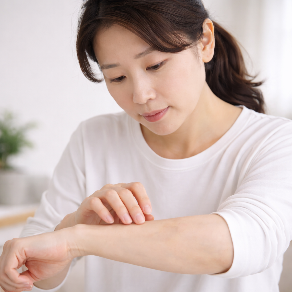 쿠싱증후군에서 나타날 수 있는 피부 변화(멍이 잘 듦, 피부 얇아짐)를 은유적으로 표현한 이미지