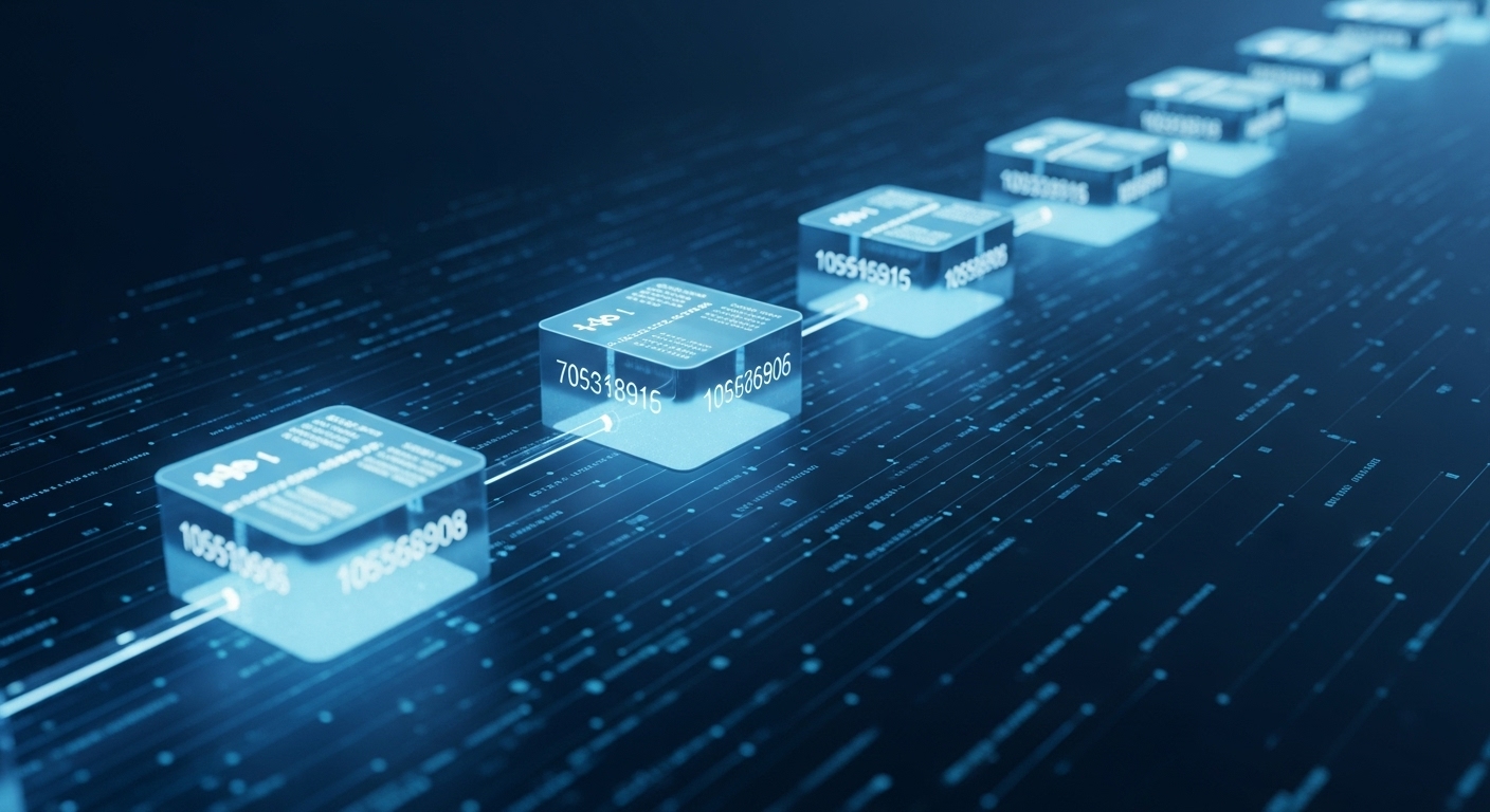 서로 연결된 블록들이 체인을 이루는 모습으로 블록체인의 분산원장을 시각적으로 표현한 추상적인 이미지