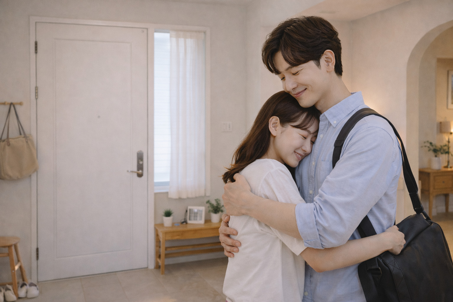 남편이 따뜻한 미소로 아내를 안아주는 편안한 순간