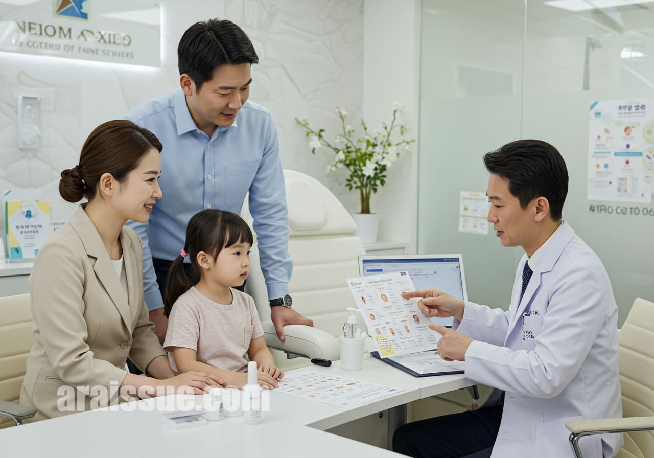 피부과 전문의와 치료 순서를 상담하는 부모와 조용히 있는 아이