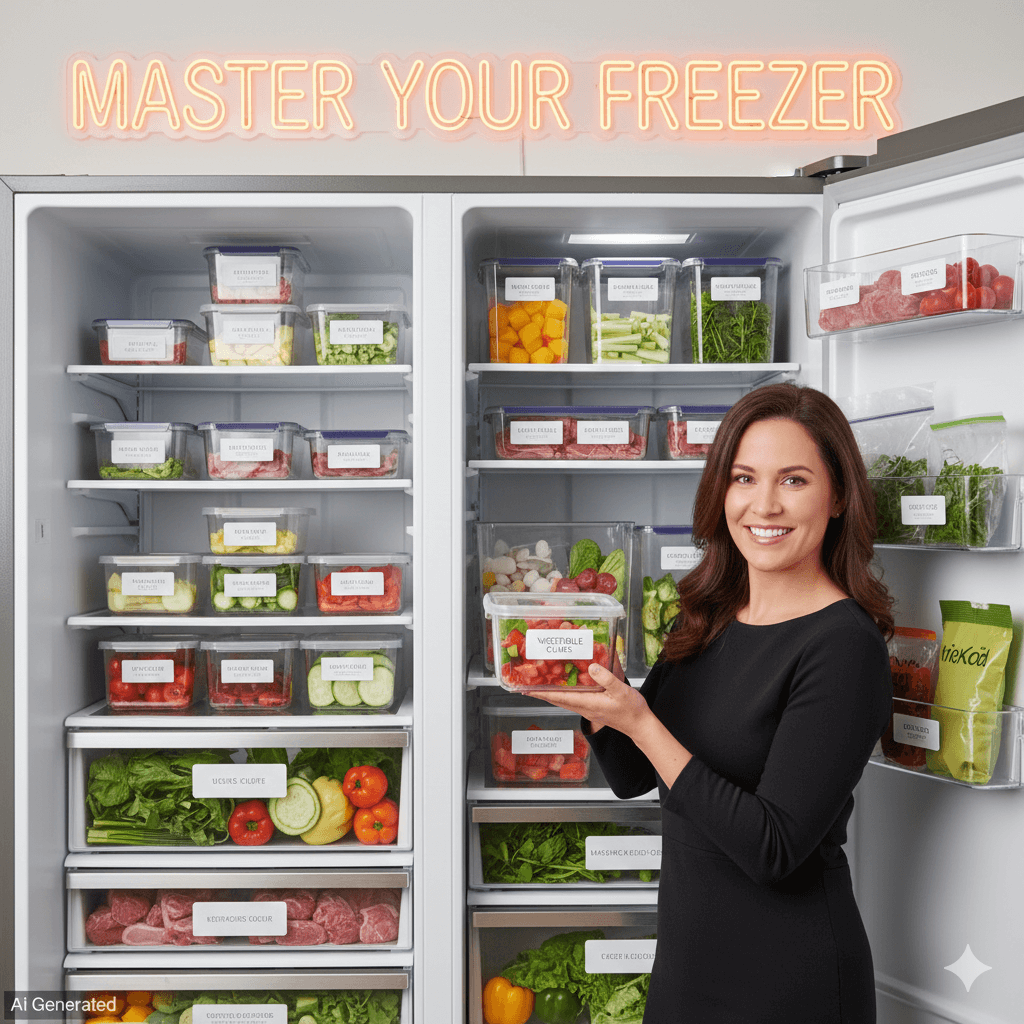 냉동실 전용 용기를 활용해 시스템 수납을 완성하고 식재료를 제안하는 살림 전문가의 모습