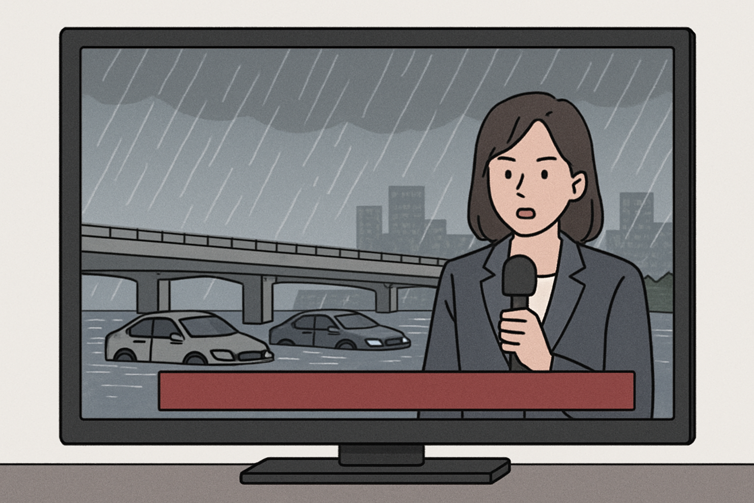 장마철 폭우가 내리는 거리 풍경