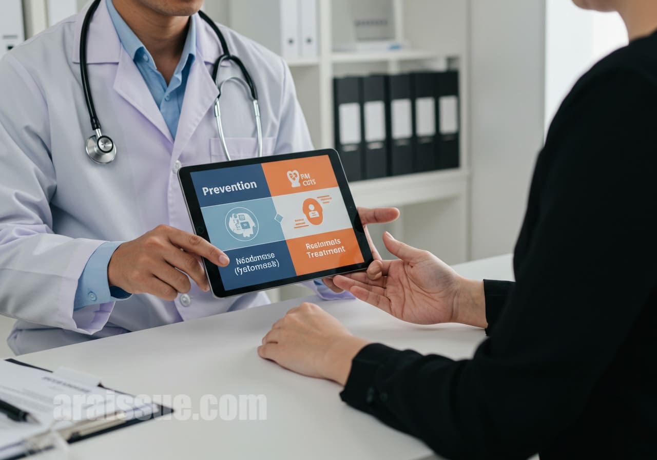 예방적 관리가 치료비용을 절감하는 방법을 설명하는 의사와 환자. 예방과 치료의 비용 차이를 디지털 기기를 통해 비교하는 모습. 현대적인 진료실에서 상담 중.