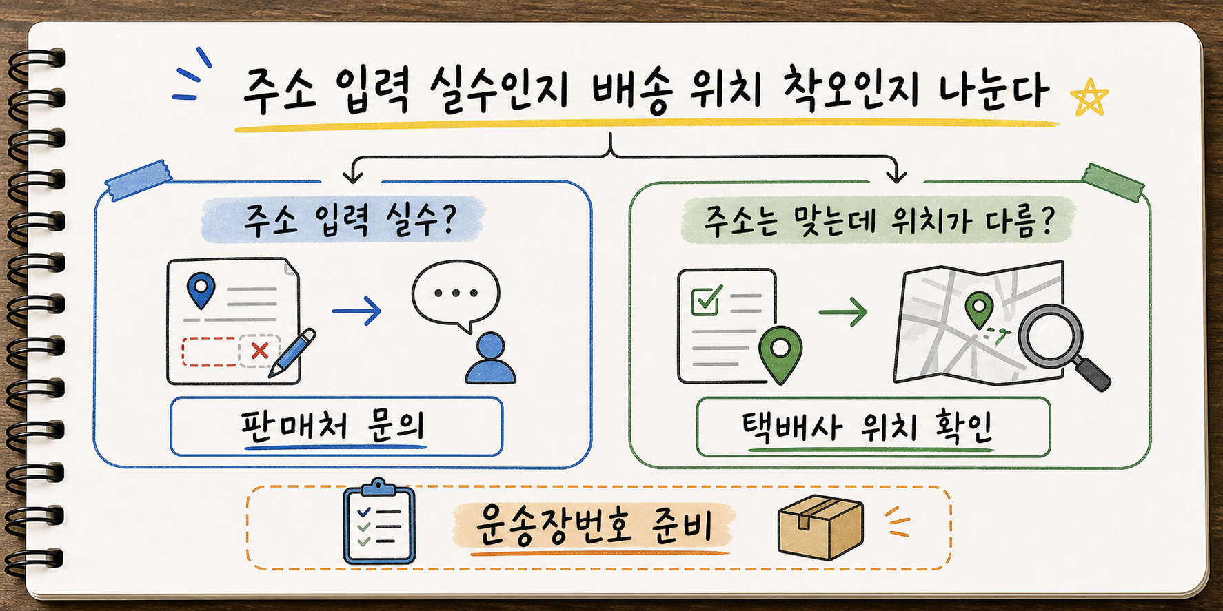 주소 입력 실수는 판매처 문의 주소는 맞는데 위치가 다르면 택배사 위치 확인과 운송장번호 준비로 나누는 손글씨 카드