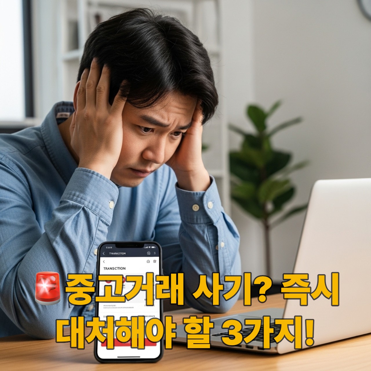 중고거래 사기 피해 후 노트북과 스마트폰을 보며 고통스러워하는 한국인. 사기 대처법을 찾는 절박한 상황을 묘사합니다.